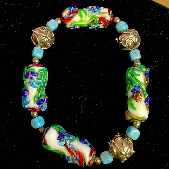 Vintage lamp work long beads and sterling silver braclet - Picture 1 of 5
